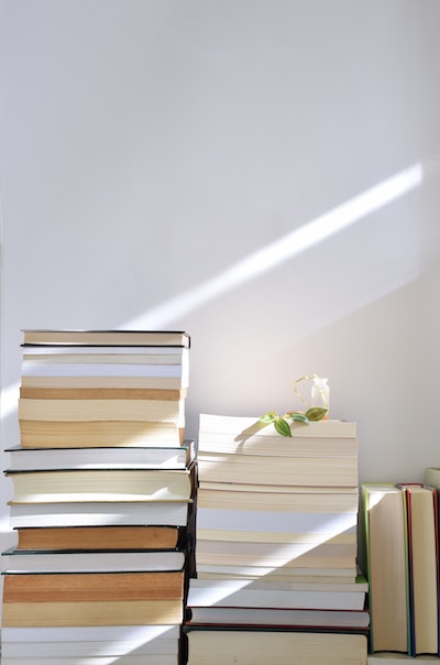 Picture of a stack of books in a room